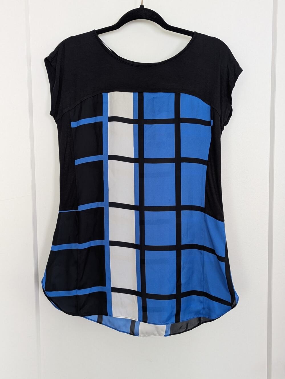 Cynthia Rowley Top S NWT Geometric Grid Blue Black Colorblock Blouse